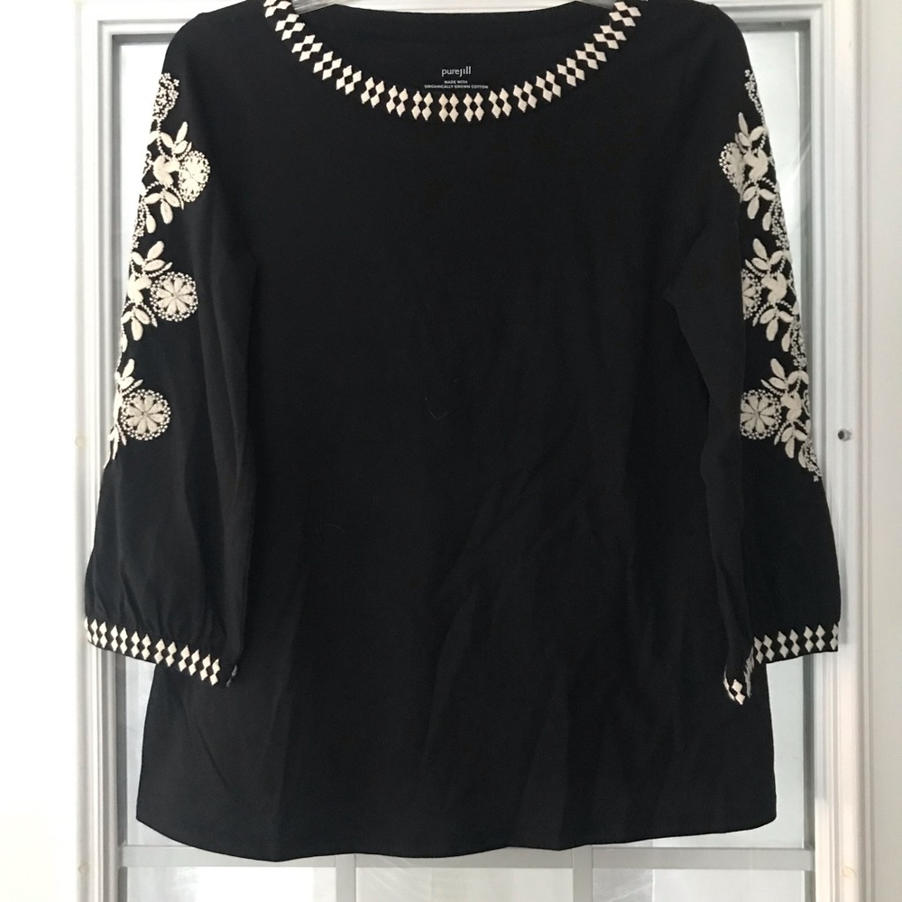 PureJill 100% Organic Cotton Embroidered Black Shirt Blouse Women's XS Peasant